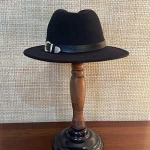 NWOT Black Flannel Wide Brim Fedora with Double Silver Buckles by Time and Tru